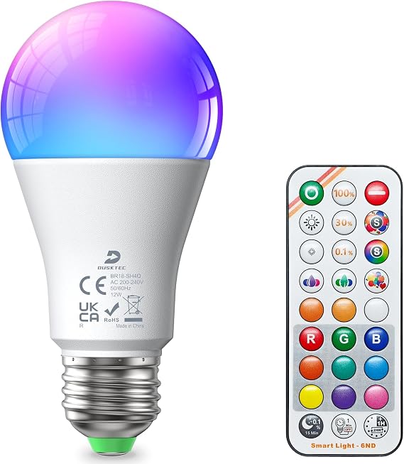 DUSKTEC LED Colour Changing Light Bulb, E27 Screw Bulb with Remote Control [Energy Class E]