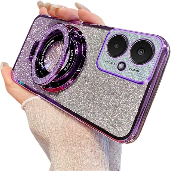 QIWEIQING Compatible with Redmi Note 8 Pro Phone Case, Glitter Camera Lens Protector Bracket Stand Function Case Bling Shining Design Clear TPU Bumper Cover for Redmi Note 8 Pro. Purple DS