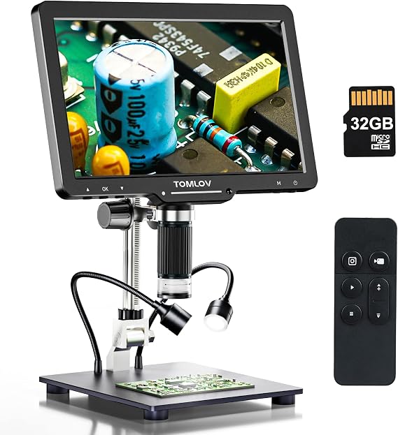 TOMLOV DM501 10.1" HDMI Digital Microscope 1300x Polarized Lens, 24MP Solder Coin Microscope with Large IPS Screen, LCD Digital Microscope, Electronics Repair Adult, PC/TV Compatible, 32GB