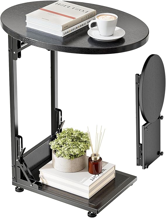 Mutool C Shaped Side Table, Foldable Round Sofa Table with Metal Frame, Small Coffee Table for Living Room Bedroom Office, Black