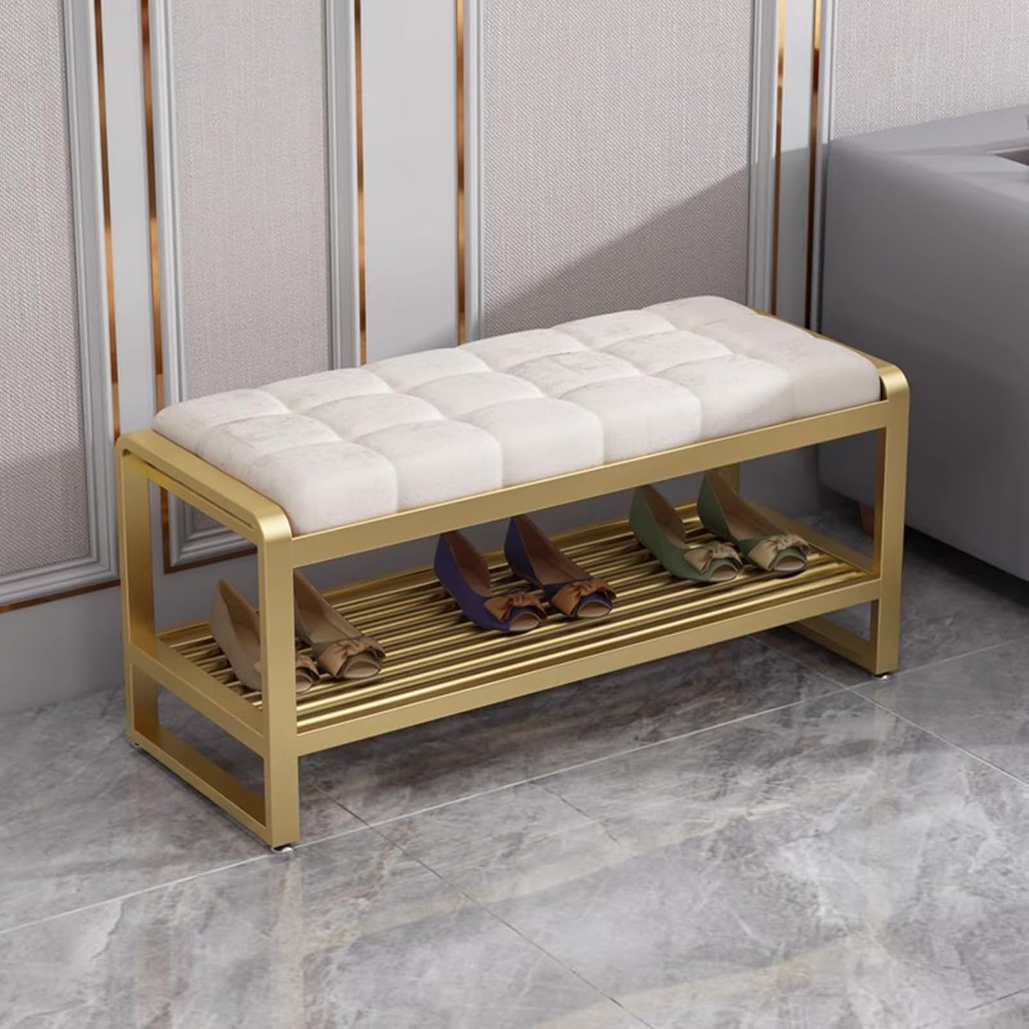Entryway Bench,Ottoman for Bedroom End of Bed,Storage Benches Modern Velvet Benche Bedroom Benches for Foot of Bed,Upholstered Bench with Golden LegsBeige,60  35  40cm