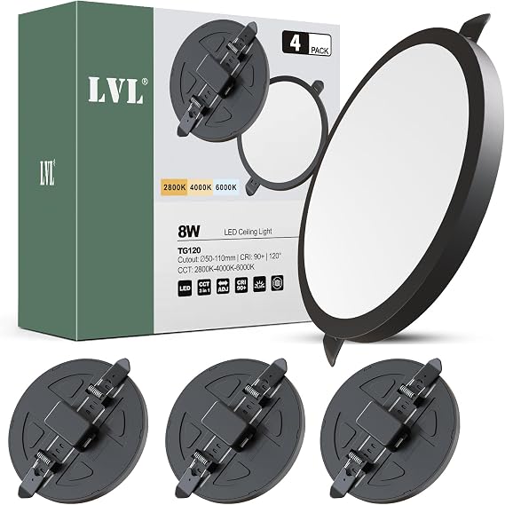 LVL Spot Lights Ceiling Recessed 8W, CCT 2800K 4000K 6000K Ra90, Not Dimmable Round Downlights for Led Ceiling Light Kitchen Living Room (Black, 4 Pack) [Energy Class F]