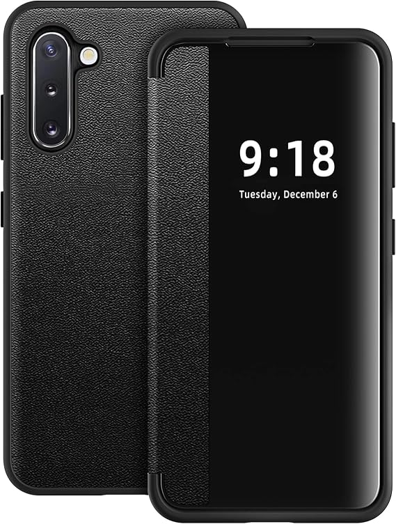Samsung Galaxy Note 10用フリップケース、Sビュー、つや消し半透明ウィンドウクリアビューフォリオ保護フォンケース、360度フルボディ耐衝撃フリップカバーケースSamsung Note 10 5G用ブラック