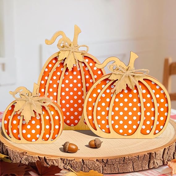 OLANRUN Autumn Decorations, 3 PCS Handmade Wooden Pumpkin Decorations