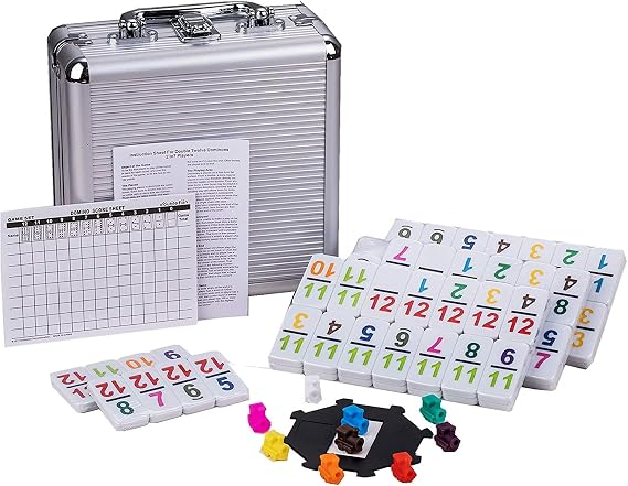 Dominoes set for adults, Double 12 Mexican train dominoes game with Number Dot, Classical Dominoes set with Aluminum Case,1 Domino Hub,9 Colorful train, 91 Domino Tiles, (2-8 players)