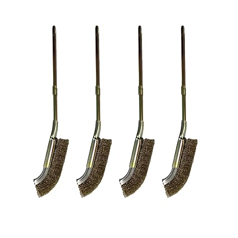 J-Type Wire Brush Set ,Curved Brush Head, Metal Handle, Carbon Steel/Brass/Stainless Steel/PVC 4 Type Bristle for Descaling, Cleaning Rust/Welding and Detailing Clean (Brass Bristle)