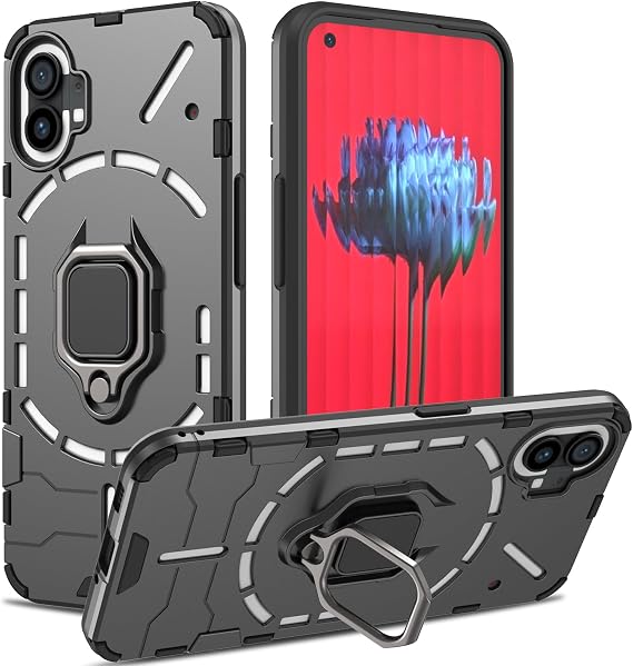Case for Nothing Phone 1, Shockproof Cover with 360° Metal Ring Stand, Anti-Scratch Hard Protective Case, Full Body Bumper Case with Camera Protection (Black)
