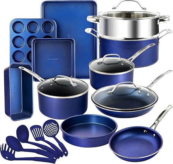 Granitestone Pots and Pans Set Nonstick 20 Piece Cookware Set & Bakeware Set Kitchen Cookware Set with Long Lasting Mineral Non-Stick Coating, Cold Handle, Super Durable, 100% Non-Toxic Blue