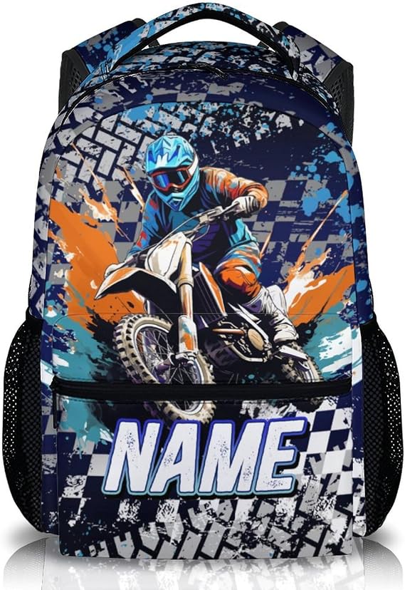 Personalised Dirt Bike Backpack for Boys with Name – 17 Inch Custom Kids School Bag Featuring Motocross Racing Design, Ideal for Travel, Sports and Daily Use