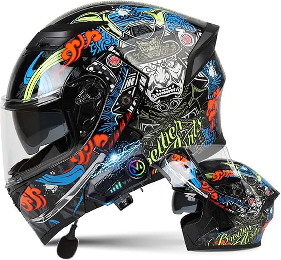 Motorcycle Modular Flip up Front Bluetooth Helmet, Full Face Integrated Motorbike Helmet with Anti-Fog Double Visor, Modular Motorcycle Helmet ECE Approved for Adult Men and Women