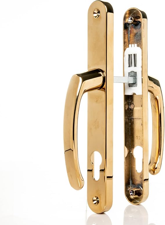 UPVC Door Handles Set - Polished Brass - Lever/Lever - 92mm PZ (Centres) - 215mm Screw to Screw - Backplate 245mm X 32mm - UPVC Door Handle - Brass Replacement UPVC Door Handles - PVC Door Handle