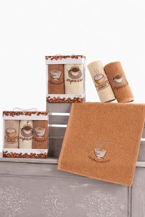 Nakışlı 3'lü Mutfak ve El & Yüz Havlu Seti 30x50 cm Coffee, NAKISLIMUTFAK