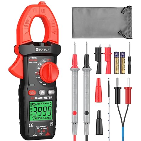 Neoteck Clamp Meter 4000 Beads TRMS 600A Clamp Multimeter with Low Current Mode 1A Digital Multimeter with Flashlight for AC/DC Voltage, AC Current, NCV, Resistance, Diodes, Continuity