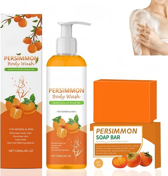 Natural Persimmon Body Wash and Soap Bar Set, Persimmon Soap and Body Wash for Deep Cleansing, Moisturizing Body Cleanser, Gentle Bo/dy Wash for Dry & Itchy Skin, Softens and Protects Skin