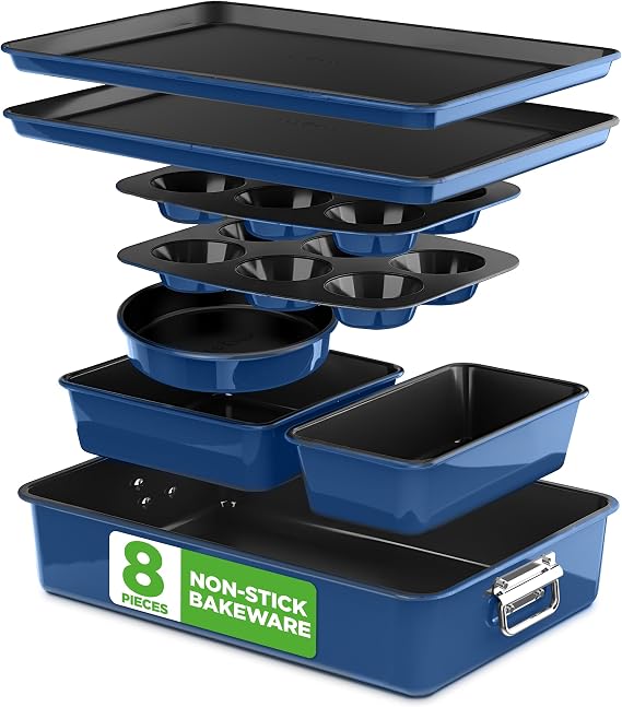 NutriChef Nonstick Stackable Bakeware Set, 8-Piece, Blue