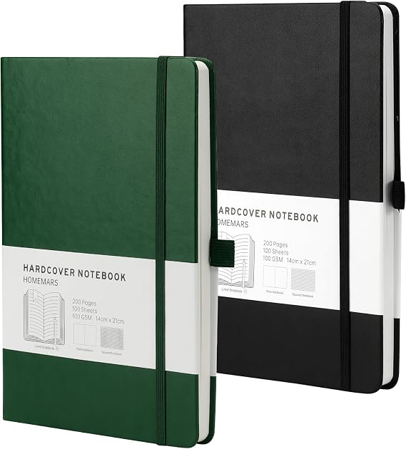 HOMEMARS A5 Notebook, White, 200 Pages, 100 g/m Journal, Sketchbook a5, A5 Notebook, Journal, Green Black, Premium Thick Paper, Pack of 2, Leather, Hardcover, Pen Loop