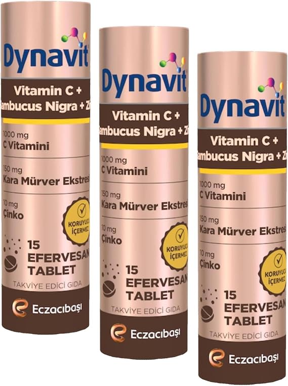 Dynavit Vitamin C & Sambucus Nigra & Çinko 15 Efervesan Tablet - Bağışıklık - Karışık Meyve Aromalı (3 paketi)