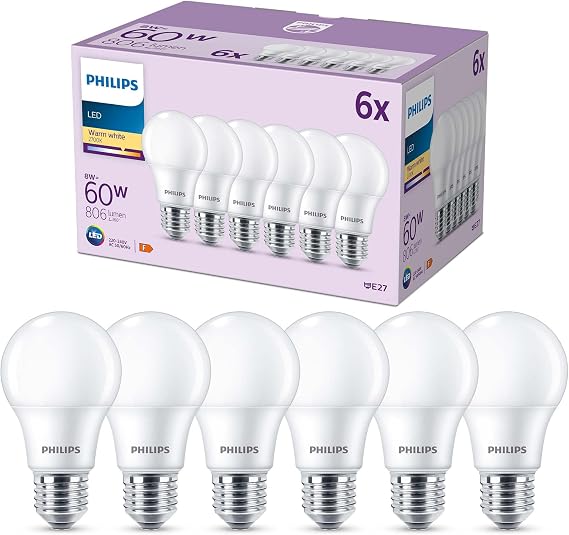 Philips Classic LED Bulb A60 E27 2700K 806lm 8W/60W White, Pack of 6 [Energy Class F]