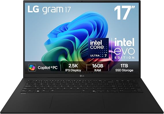LG gram 17Z90TL - 17 Inch 2.5K IPS Ultra-Lightweight Laptop, Intel Core Ultra 7 256V 47TOPS NPU - EVO Edition, 16GB RAM, 1TB SSD, Windows 11 Home, gram Hybrid AI, Copilot+ PC, Black (2025)