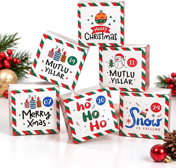 7x7x7 cm Yılbaşı Advent Calendar Beyaz Hediye Kutusu Seti | 25'li Kalın Karton Mini Hediye Kutuları, Kolay Kurulum, Demonte Gönderim | Kendin Doldur (DIY) Konsepti İçin İdeal