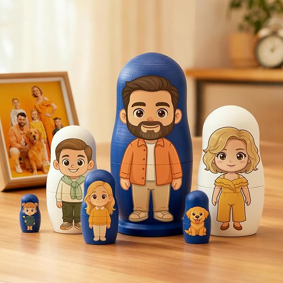 Custom Portrait Russian Nesting Doll Family Personalised Photo Nesting Dolls Set Customise Matryoshka Dolls Unique Home Desk Decor for Famliy Couple (Style 1)