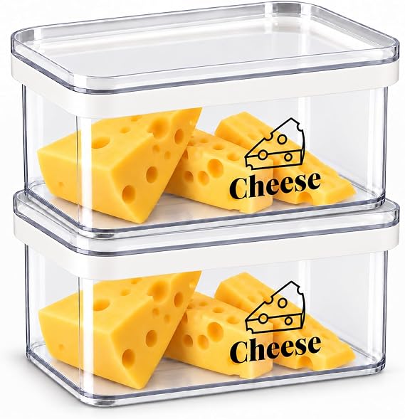 Gzsekken 2 Pack Airtight Cheese Container for Fridge - Storage Box With Lid for Cream Chunks, Clear Dish, Bacon Saver - BPA-Free Plastic Holder