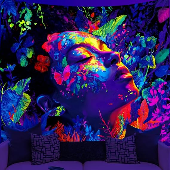 WEBEEDY Blacklight Spring Goddess Tapestry Boho Floral Plants Women Wall Hanging UV Reactive Glow In The Dark Tapestry Neon Blacklight Poster for Bedroom Living Room Gamer Room, 150x130cm