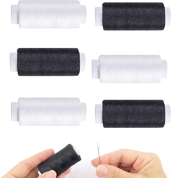 6-Pack Polyester Sewing Thread Set - 3 Black & 3 White Spools, Each for Machine & Hand Stitching, Quilting, and Crafting