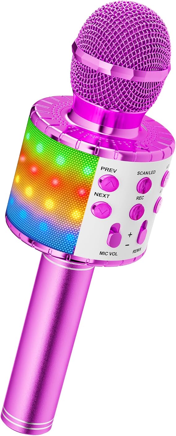 Ankuka Microphone Karaoke Bluetooth Wireless Microphone Karaoke Microphone Girl with LED Lights Gift Toys for Kids Microphone Voice Changer Compatible with Android, iOS, PC Purple