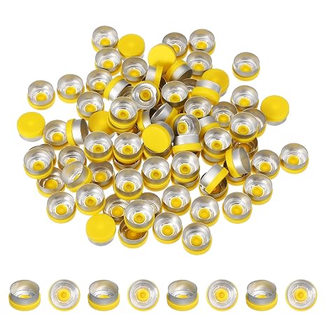 PATIKIL 150個プラスチックバイアルキャップ、13mmアルミニウムプラスチックバイアルトップキャップバイアルシールラボガラスバイアル口腔液体ボトルフリーズドライボトル、イエロー