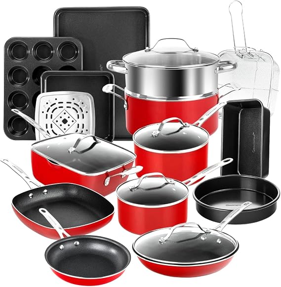 Granitestone Red Pots and Pans Set Nonstick, 20 Pc Kitchen Cookware Set & Bakeware Set with Mineral & Diamond Coating, Long Lasting Nonstick, Ultra Durable, Oven and Dishwasher Safe, 100% Toxin Free