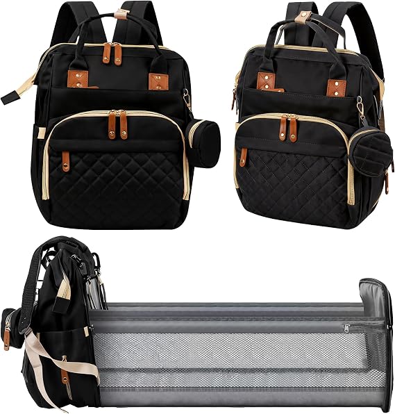 Minifactory Baby Changing Backpack with Changing Mat, Large Capacity Nappy Bag Backpack with 14 Organised Pockets, Waterproof Diaper Bag, Insulated Bottle Holder, USB Charging Port (Black)