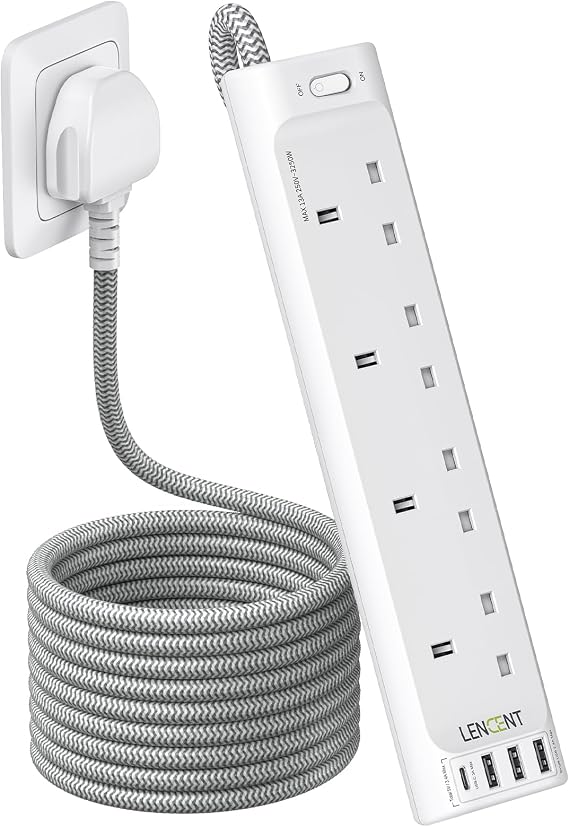 LENCENT 1.8M Extension Lead with 1 USB-C＆3 USB Slots,3250W 13A,4 Way Outlets Power Strip, Multi Power Plug Extension Socket with Braided Extension Cord for Home Office