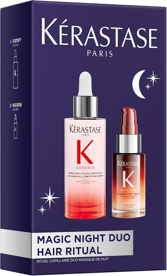 Kérastase Genesis Sérum Anti-Chute Fortifiant saç dökülmesine ve saç kırılmasına karşı (90 ml) ve Nutritive 8H Magic Night Serum (30 ml) ile daha fazla parlaklık ve yumuşaklık için bakım seti