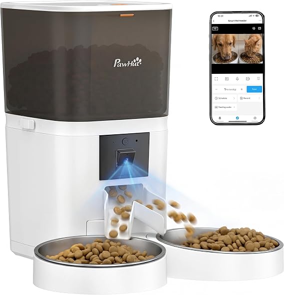 PawHut Automatic Cat Feeder with HD Camera for 2 Cats, 6L 2.4G/5G WiFi
