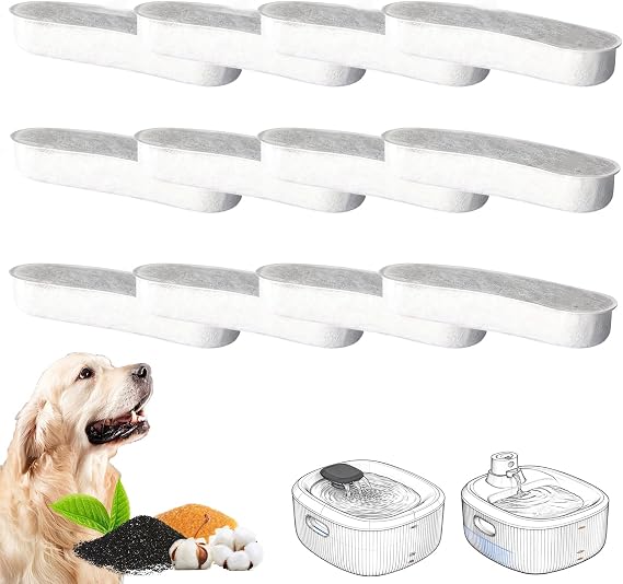 12 Pack Replacement Filters for WOPET 6L/205oz/1.7Gal Dog Water Fountain, 6 Month Set for Large Dogs Water Bowl Dispenser, Includes 12 Filters