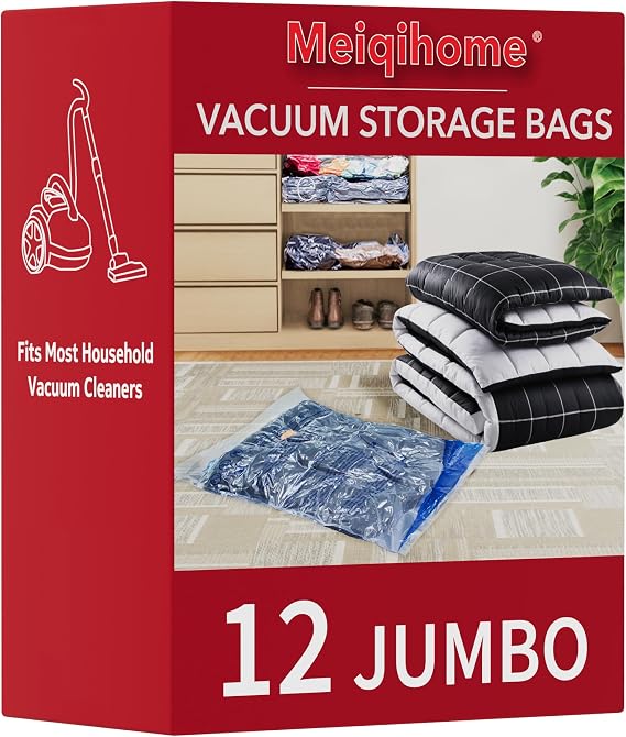 Vacuum Storage Bags 12 Jumbo, Space Saver Sealer Bags, Airtight Compression Bags for Clothes, Pillows, Comforters, Blankets, Bedding