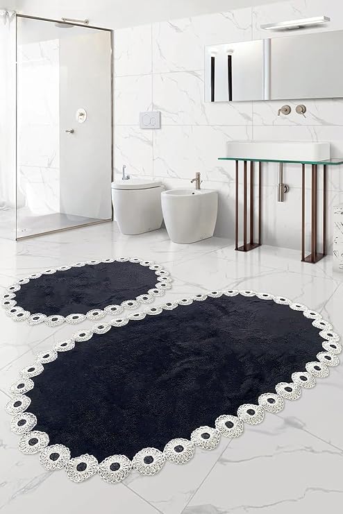 Gülruba Oval Siyah Dantelli 2'li Banyo Paspası Seti, 120x70 cm + 65x55 cm, Kaymaz Tabanlı