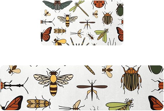 2 Pieces Kitchen Mat Insects Ladybug Bee Spider Ant, Non Slip Washable Floor Rug, Absorbent Kitchen Mat Runner Rug for Kitchen, Hallway, Laundry Room