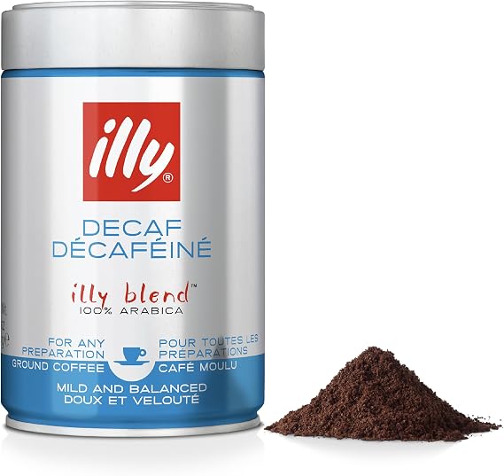 illy Decaffeinated Ground Coffee, Medium Roast, 100% Arabica, Suitable for Espresso, Moka Pot, Filter & Cafetiere, Low caffeine, 250g Tin