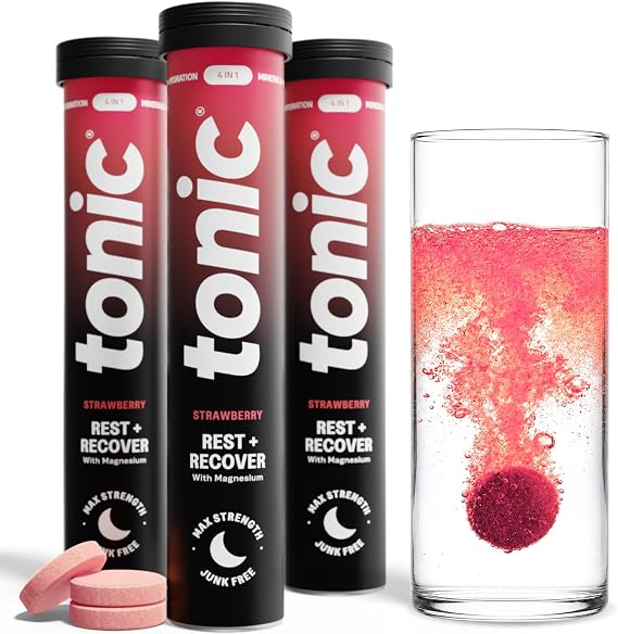 Tonic Health Rest and Recovery Effervescent Tablets - 300mg Elemental Magnesium, Ashwagandha, Lemon Balm - No Sugar, Magnesium Glycinate - Relax and Recharge, Strawberry 60 Count