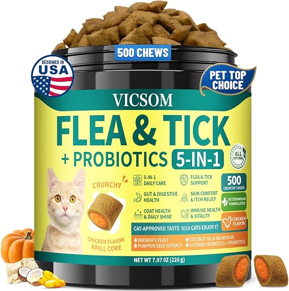VICSOM Cat Flea & Tick Support Chews, Probiotics for Cat, 500 Crunchy Chews