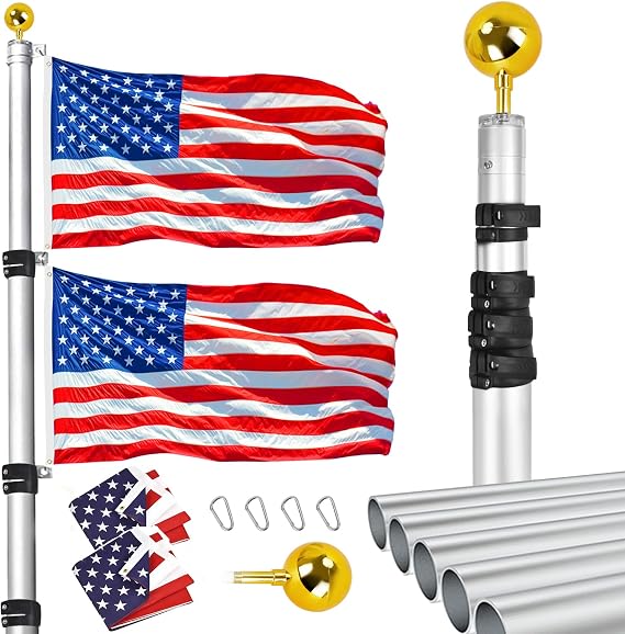 25FT Telescopic Flag Pole Kit, Heavy Duty Aluminum Telescoping Flagpole Kit Fly 2 Flags, Outdoor In Ground Flagpole with 2 USA Flag & Gold Ball Top for Residential, Silver Upgrad