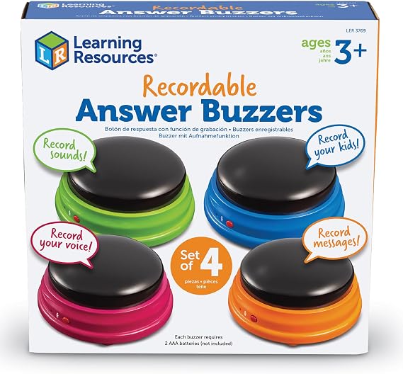 Learning Resources Recordable Answer Buzzers – Set of 4, Ages 3+, Game Show Buzzers Buttons, Personalised Sound Toy, Family Game Night