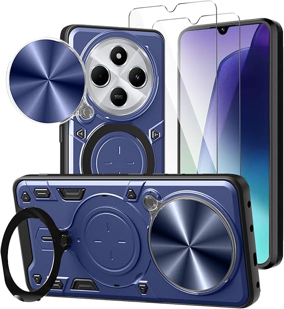 Case for Xiaomi Redmi 14C/Xiaomi Poco C75 +2 x Tempered Glass Screen Protector,with Metal Stand Ring Holderd and Slide Camera Cover, Shockproof Anti-Scratch Phone Case Cover -Blue