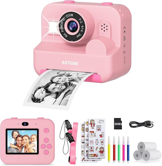 Kids Instant Print Selfie Camera for Girls,1080P HD Digital Camera for Kids with Print Paper & 32GB Card, Christmas Birthday Gifts Kids Toys for 3-12 Years Old (Pink)