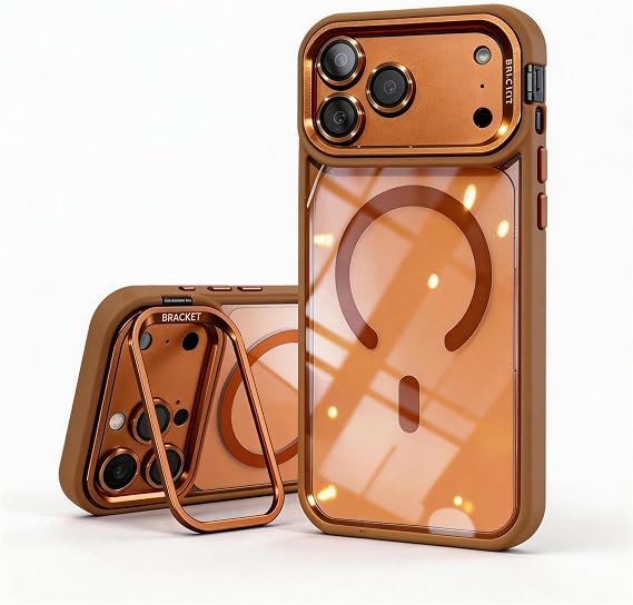 Apple iPhone 17 Pro Max用磁気クリアスマホケース カメラスタンド付き、MagSafe対応、耐衝撃保護ケース レンズブラケット付き透明バックブラウン、iPhone 17 Pro Max