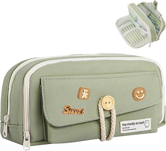 Pencil Case, Pencil Case for Girls, Large Pencil Cases with 4 Compartments, Cute Pencil Cases with Decorative Patches Pencils Case for Women Special Pencils Case with Zip for Teenage Adults