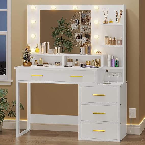 Tiptiper Lighted Vanity Vanity Vanity with Charging Station White Vanity Table with 10 Bulb Mirror & 3 Lighting Modes Makeup Desk with Drawer, Nightstand and Storage Shelf