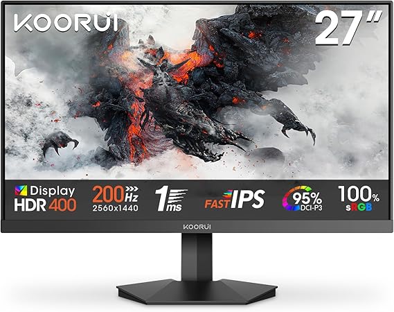 KOORUI 27 Inch Gaming Monitor, 200Hz, QHD 1440P, 1ms, HDR 400, Fast IPS